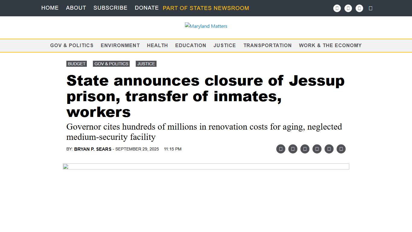 State announces closure of Jessup prison, transfer of inmates, workers - Maryland Matters